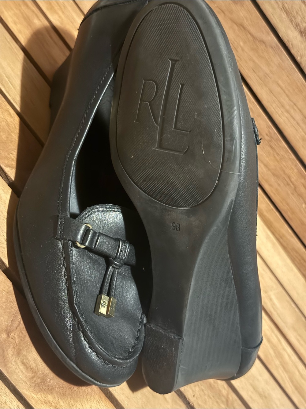 Lauren Ralph Lauren Rory Black Leather Wedge Loafers with Gold Hardware - Picture 6 of 7